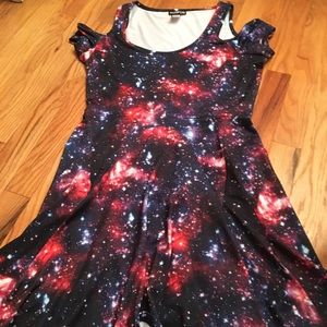 Galaxy print cold shoulder dress